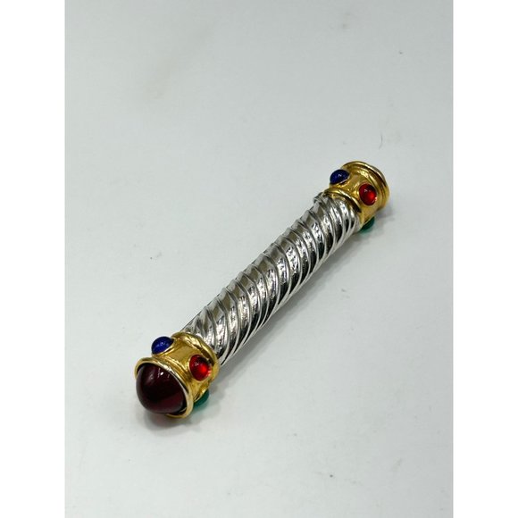 80s 90s Jeweled Bar Pin Brooch Two Tones Silver Gold Jewel Tones Glass Cabochons - Picture 3 of 7